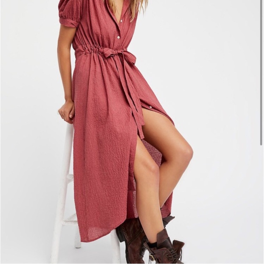 Free People Retro Romance Maxi Dress Red Gauze Button Front Tie Waist Size Small - Picture 2 of 7